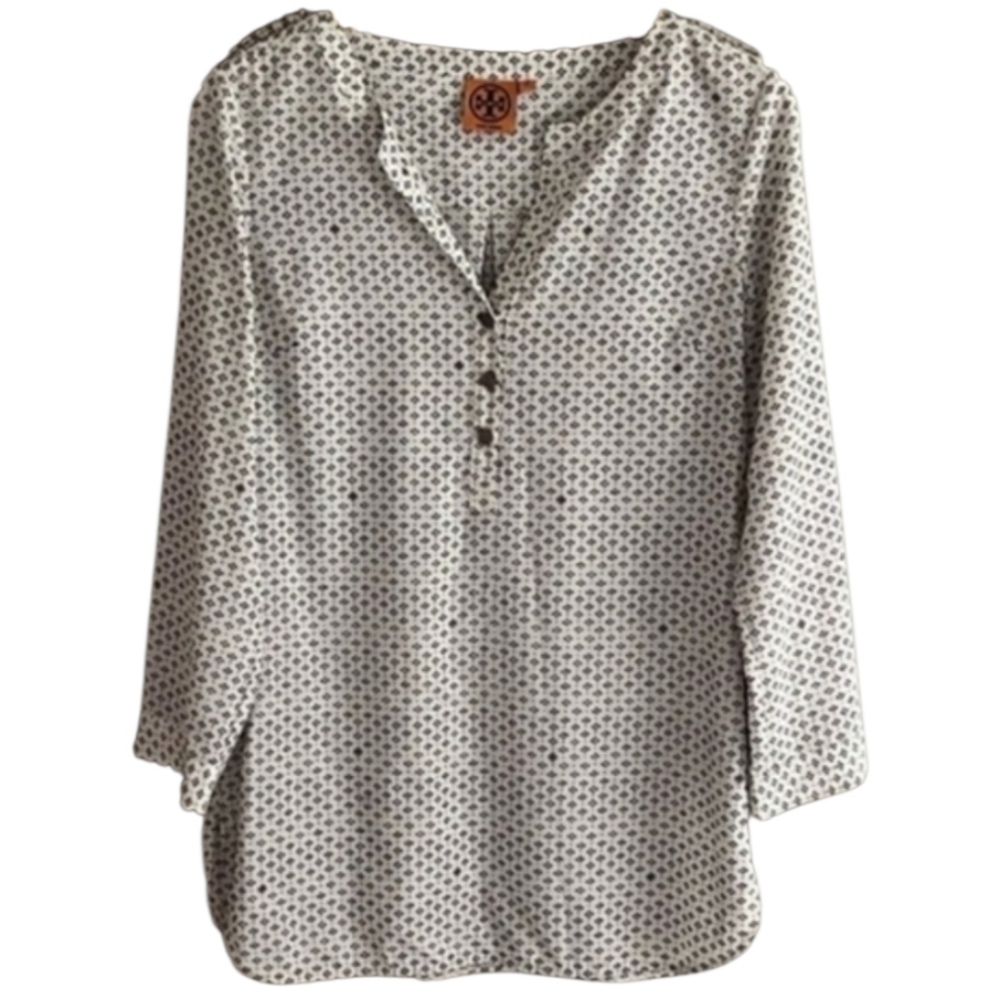 Tory Burch Silk Tunic Blouse In Ivory & Brown - Size 2